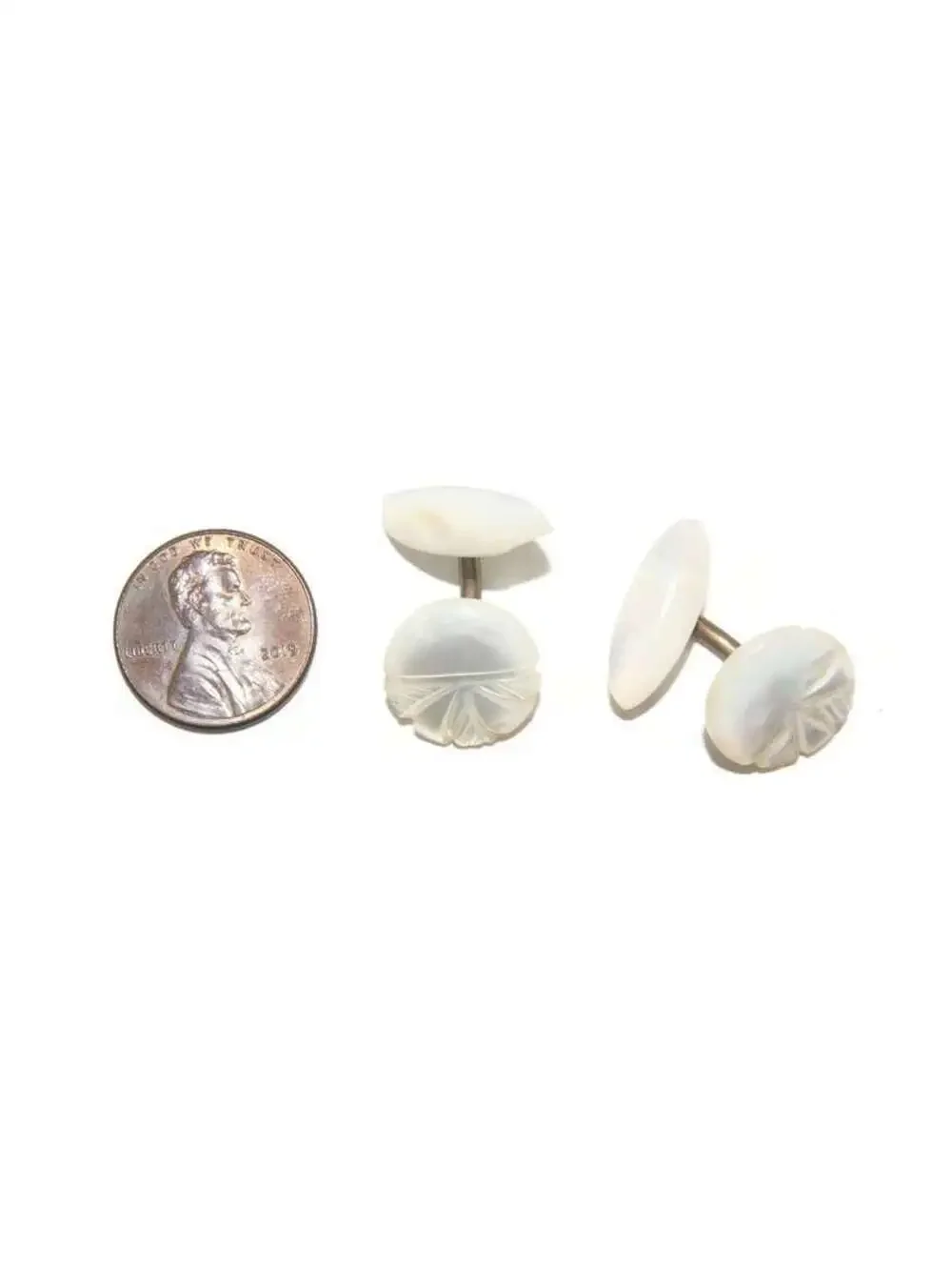 Antique Edwardian Gold Tone and Carved Mother of Pearl Cuff Links.